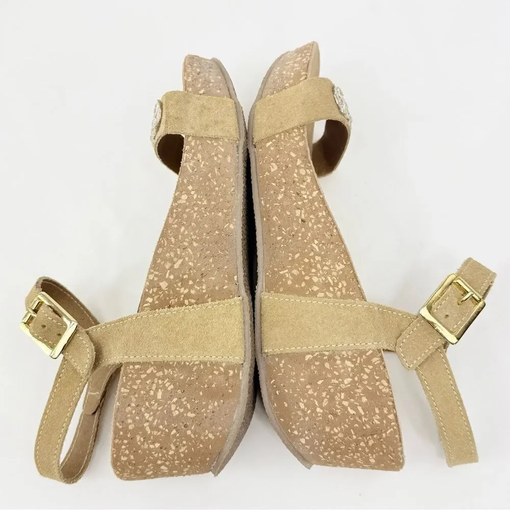 Antica Cuoieria Tan Suede Rhinestone Sparkle Open Toe Cork Wedge Sandals